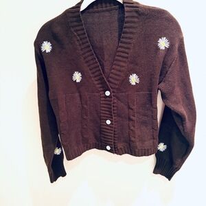 Daisy Cardigan Sweater Brown Knit Cropped Button Up Long Sleeve ‎ Womens S